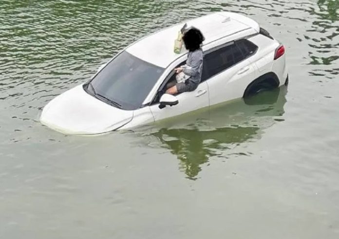 驚險！龍潭男倒車下秒「連人帶車掉進池塘」 路過民眾全嚇傻