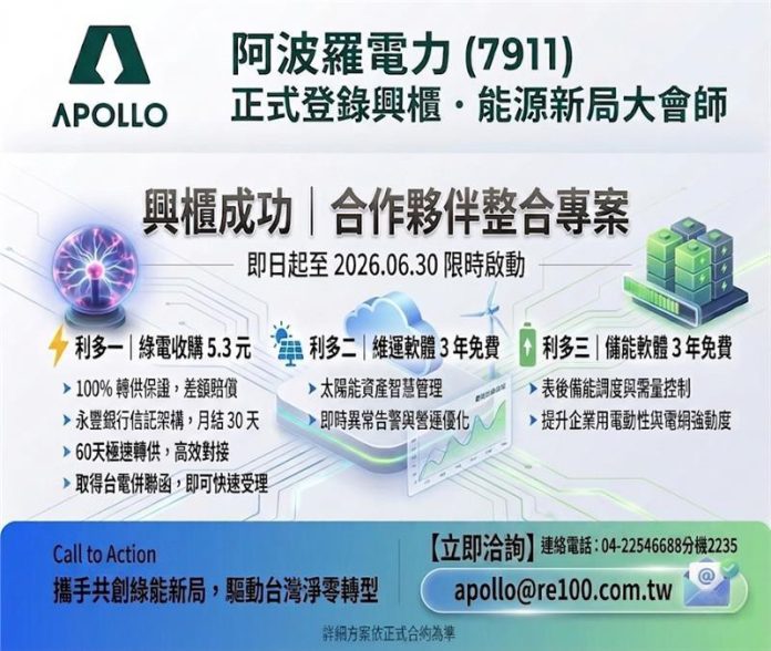 阿波羅電力登錄興櫃 推合作優惠搶攻綠能市場