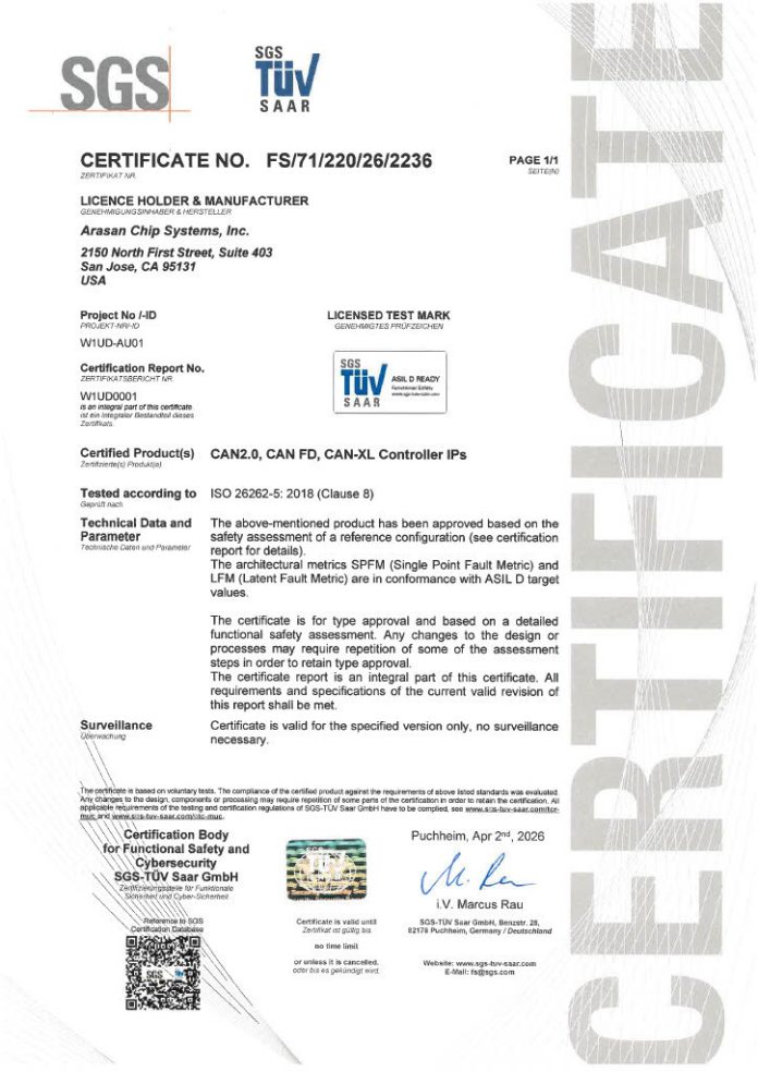 Arasan 為其 CAN XL IP 核心獲得業界首項 ASIL-D 認證