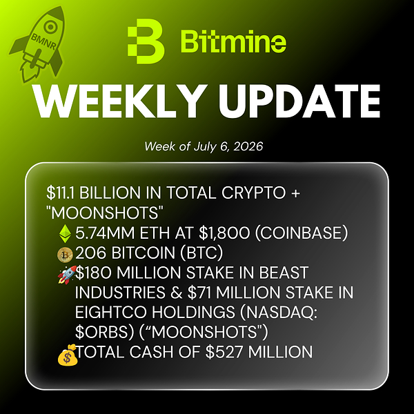 Bitmine Immersion Technologies (BMNR) 宣佈其以太幣 (ETH) 持有量達 574 萬枚，加密資產及現金總持有額達 111 億美元