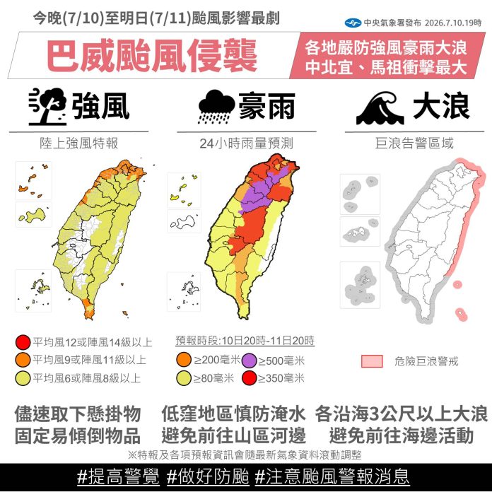 巴威颱風逼近風雨達標 桃園市宣布7/11停班停課