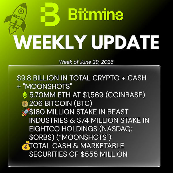 Bitmine Immersion Technologies (BMNR) 宣佈其以太幣持有量達 570 萬枚代幣，加密資產及現金總持有額達 98 億美元