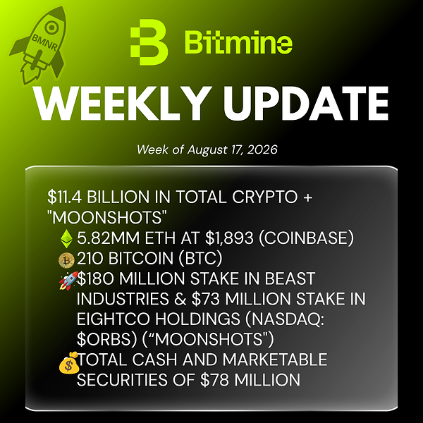 Bitmine Immersion Technologies (BMNR) 宣佈其以太幣持有量達 582 萬枚，加密資產及現金總持有量達 114 億美元