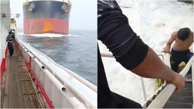 影／海上追撞影片瘋傳！散裝貨輪撞中國漁船　船身傾斜「海水灌入」船員倒一片