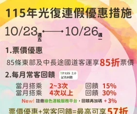 光復連假客運優惠10/23開跑!85條路線享85折 搭配TPASS最低57折 光復連假客運優惠10/23開跑!85條路線享85折 搭配TPASS最低57折